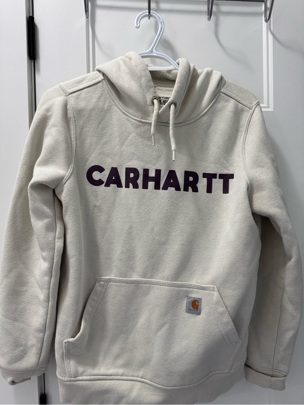 Women’s Small Carhartt Cream Pullover Hoodie with Purple Logo